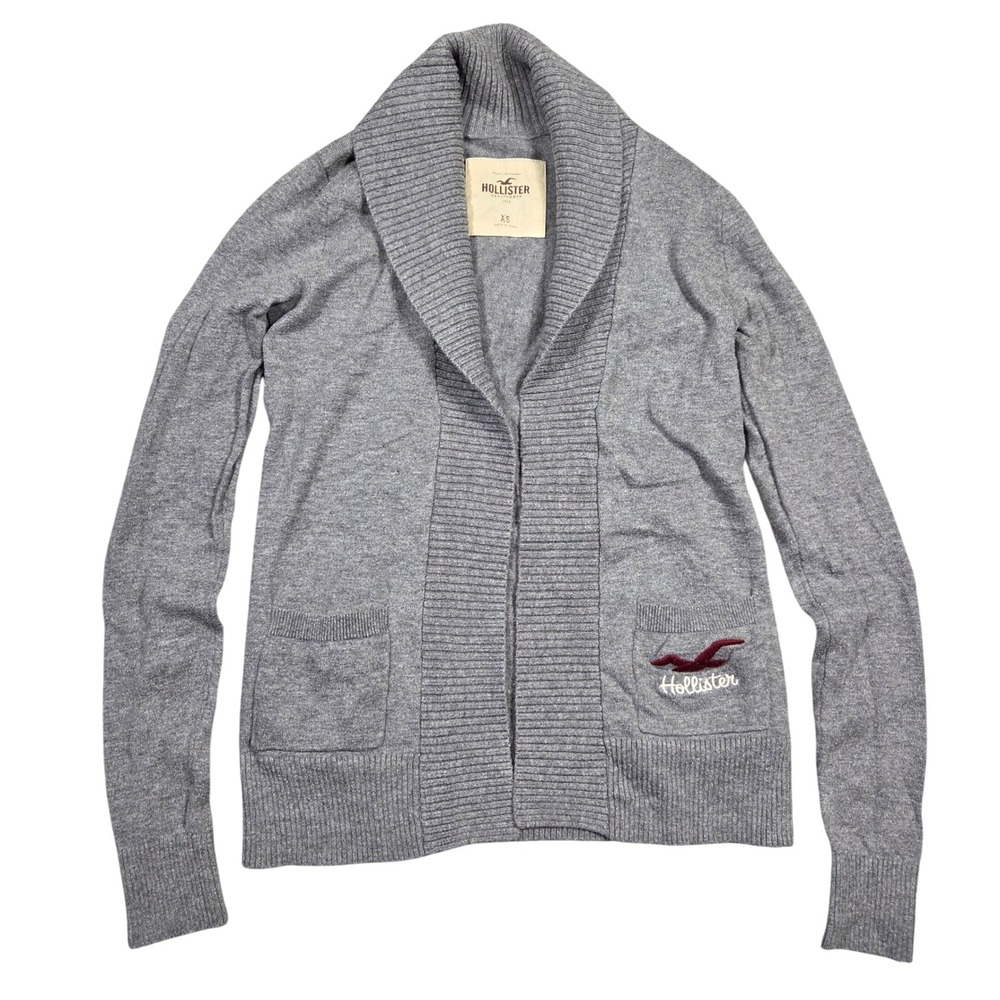 Y2k Hollister Sweater Gray Shawl Collar Knit Cardigan Womens XS 2000s Preppy Vtg